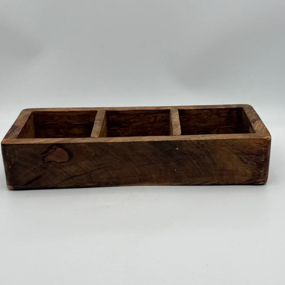 Hand Carved Wooden Triple Moon 3 Compartment Organizer Box Celestial Decor
